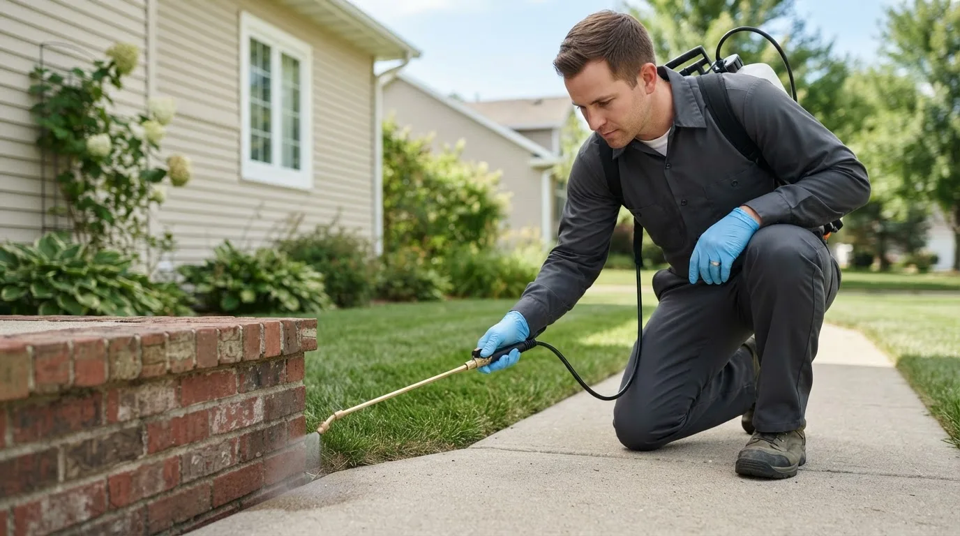 Pest control technician treating a home near Hereford, OR