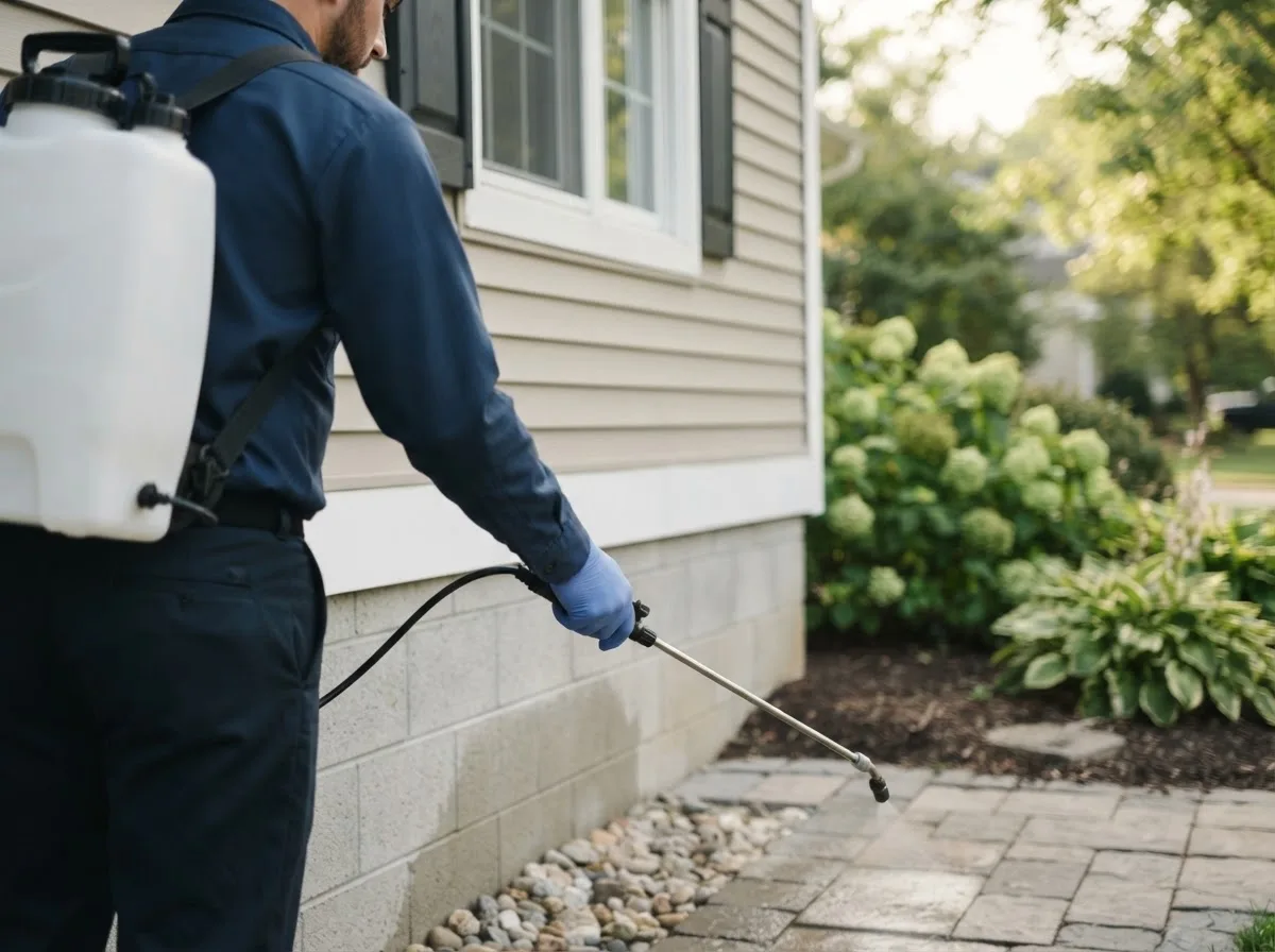 Pest control technician inspecting a home in Hereford, OR